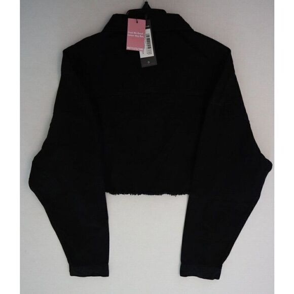 PRETTY LITTLE THING Women's Sz 12 Washed Black Basic Raw Edge Denim Crop Jacket - Picture 8 of 10
